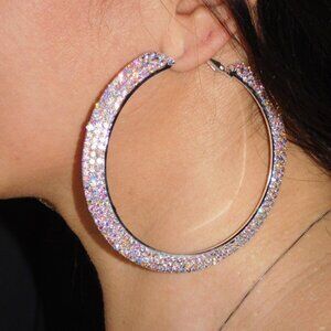 X Large 3 Row Hoop Earrings  Silver AB Rhinestone Crystal Bridal Party